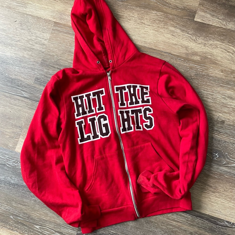 American Apparel Red Zip-Up Hoodie with 'Hit The Lights' Chest Graphic